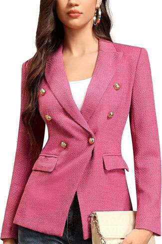 M.Infisavo Womens Double Breadted Blazer ذروة السترة المكتبية بدلة المكتب سترة طويلة الأكمام جيب ملابس تويد مبطنة in Kuwait