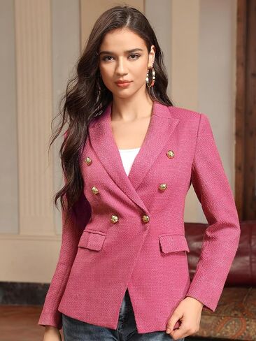 M.Infisavo Womens Double Breadted Blazer ذروة السترة المكتبية بدلة المكتب سترة طويلة الأكمام جيب ملابس تويد مبطنة in Kuwait