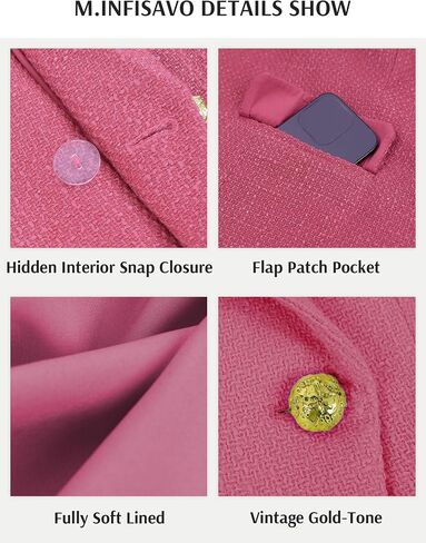 M.Infisavo Womens Double Breadted Blazer ذروة السترة المكتبية بدلة المكتب سترة طويلة الأكمام جيب ملابس تويد مبطنة in Kuwait