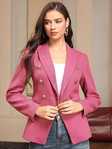 M.Infisavo Womens Double Breadted Blazer ذروة السترة المكتبية بدلة المكتب سترة طويلة الأكمام جيب ملابس تويد مبطنة in Kuwait