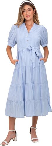 PinkBlush Light Striped Button Up Tiered Maternity Maxi Dress in Saudi Arabia