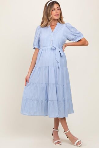 PinkBlush Light Striped Button Up Tiered Maternity Maxi Dress in Saudi Arabia