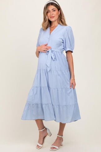PinkBlush Light Striped Button Up Tiered Maternity Maxi Dress in Saudi Arabia