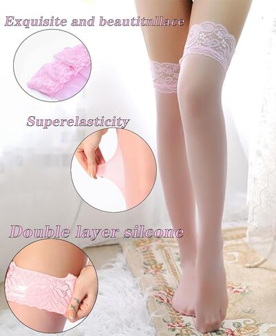 2Pairs Thigh High Stockings Silicone Lace Top Stay Up Silky Semi Sheer Pantyhose for Women Hold Up Nylon in Saudi Arabia