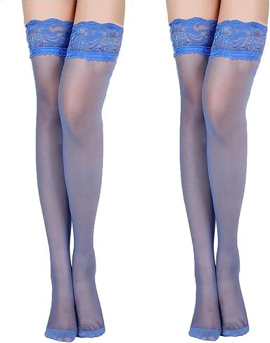 2Pairs Thigh High Stockings Silicone Lace Top Stay Up Silky Semi Sheer Pantyhose for Women Hold Up Nylon in Saudi Arabia