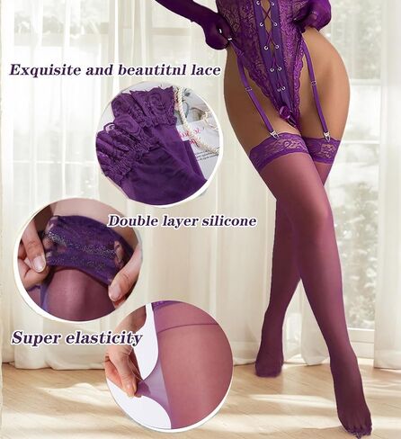 2Pairs Thigh High Stockings Silicone Lace Top Stay Up Silky Semi Sheer Pantyhose for Women Hold Up Nylon in Saudi Arabia