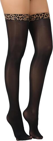 Thigh High Stockings for Women – Silky, Soft Black Sheers Hosiery with Leopard Band Anti-Slip Top in Kuwait