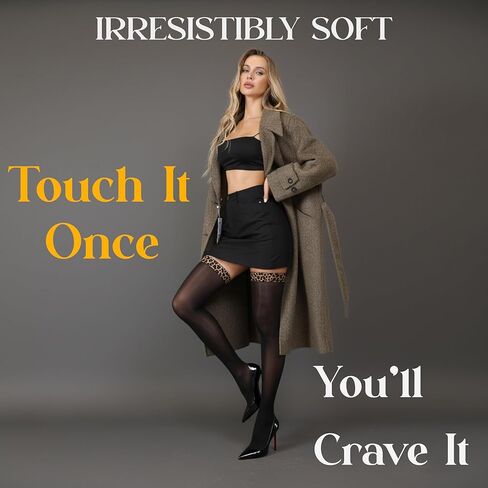 Thigh High Stockings for Women – Silky, Soft Black Sheers Hosiery with Leopard Band Anti-Slip Top in Kuwait