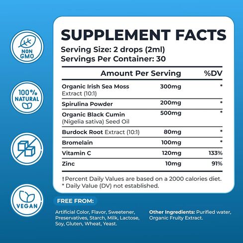 Irish Sea Moss Drops - 5X Stronger Than Sea Moss Gel - 92+ Essentials Minerals - with Black Elderberry, Burdock Root & Black Cumin - 2 Fl Oz (60ml) - Elderberry Flavor in Kuwait