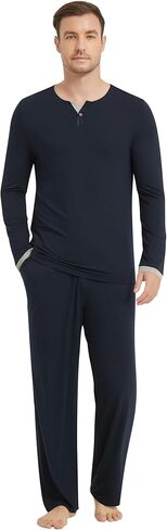 NACHILA Pajamas Set for Men-Viscose Made from Bamboo,Long Sleeve Sleepwear V Neck Pjs Sets Soft Loungewear with Pants in Kuwait