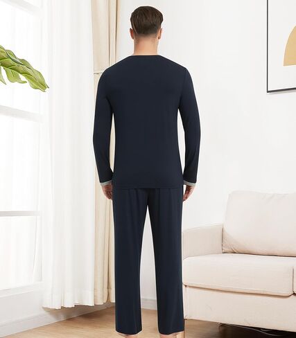 NACHILA Pajamas Set for Men-Viscose Made from Bamboo,Long Sleeve Sleepwear V Neck Pjs Sets Soft Loungewear with Pants in Kuwait