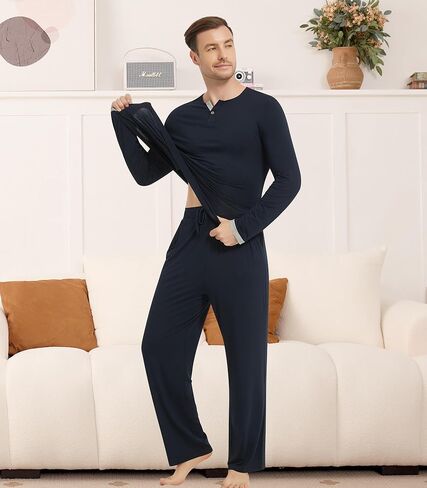 NACHILA Pajamas Set for Men-Viscose Made from Bamboo,Long Sleeve Sleepwear V Neck Pjs Sets Soft Loungewear with Pants in Kuwait