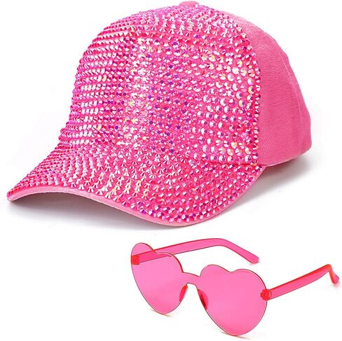 Bling Studded Shiny Rhinestones Crystals Baseball Cap, Sparkle Adjustable Ponytail Visor Cap Sun Hat for Women Men Hot Pink in Saudi Arabia