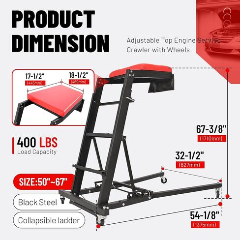 KUAFU 50" to 67" Adjustable Topside Engine Repair Creeper w/Wheels Suit for Engine Compartment Garage Shop Foldable Creeper Vehicle Repair and Maintenance 400LBS Steel+Plastic Powder Coated Black in Saudi Arabia