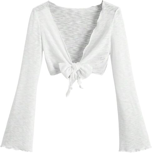OYOANGLE Women's Bolero Shrug Lightweight Bell Long Sleeve Tie Front Cropped Cardigans in Saudi Arabia