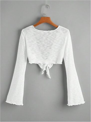 OYOANGLE Women's Bolero Shrug Lightweight Bell Long Sleeve Tie Front Cropped Cardigans in Saudi Arabia