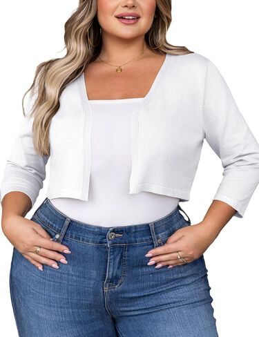 Women's Plus Size Cropped Cardigan Lightweight 3/4 Sleeve Boleros Shrug Sweaters for Dresses (1X-4X) in Saudi Arabia