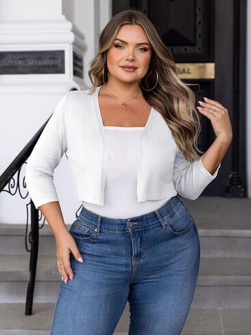 Women's Plus Size Cropped Cardigan Lightweight 3/4 Sleeve Boleros Shrug Sweaters for Dresses (1X-4X) in Saudi Arabia