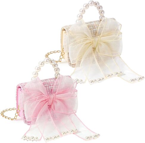 2 Pack Cute Crossbody Purse with Bowknot Shoulder Bag, Purse for Little Girls, Mini Toddler Crossbody Purses, Cute Fashion Princess Handbags with Pearl Handle Detachable Gold Chain in Saudi Arabia