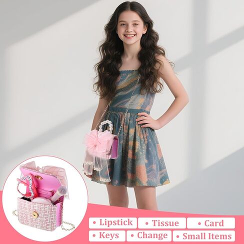 2 Pack Cute Crossbody Purse with Bowknot Shoulder Bag, Purse for Little Girls, Mini Toddler Crossbody Purses, Cute Fashion Princess Handbags with Pearl Handle Detachable Gold Chain in Saudi Arabia