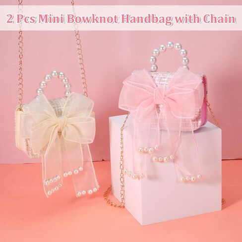 2 Pack Cute Crossbody Purse with Bowknot Shoulder Bag, Purse for Little Girls, Mini Toddler Crossbody Purses, Cute Fashion Princess Handbags with Pearl Handle Detachable Gold Chain in Saudi Arabia