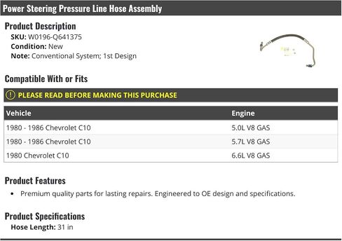 Power Steering Pressure Line Hose Assembly - 31 Inch - Compatible with 1980-1986 Chevy C10 5.0L 5.7L 6.6L V8 in Saudi Arabia