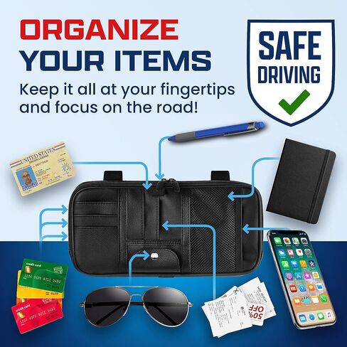 Car Sun Visor Organizer - سيارة ، سيارات الدفع الرباعي ، الملحقات الداخلية للشاحنة - حامل النظارات المغناطيسية والجيوب الأفقية الطول الكامل ، يسمح بالقيادة الآمنة - 12.2 × 6.1 في ، البيج in Kuwait