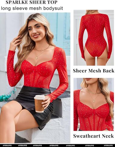 Avidlove Women Long Sleeve Bodysuit Sparkle Body Suits Top Mesh One Piece Leotard Shirt Going Out Tops Fall Outfits S-XXL in Saudi Arabia