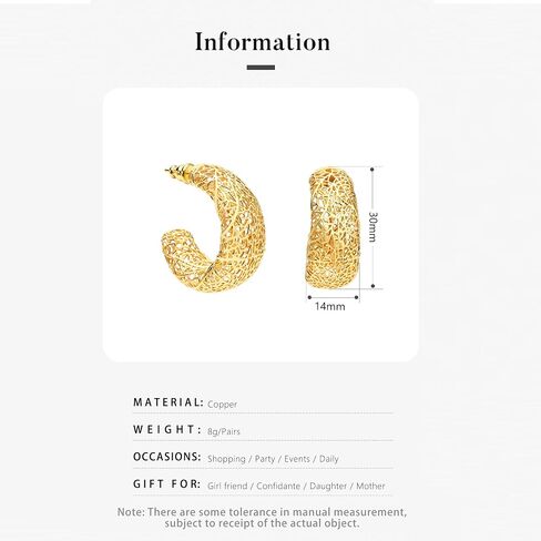18k gold earrings for women, suitable for women, light weight, thick and sturdy, hypoallergenic, thick opening, twisted shape earring set, jewelry gift. in Saudi Arabia
