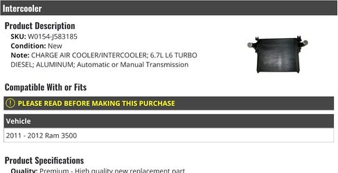 Intercooler - متوافق مع 2011-2012 RAM 3500 6.7L Turbo Diesel in Saudi Arabia