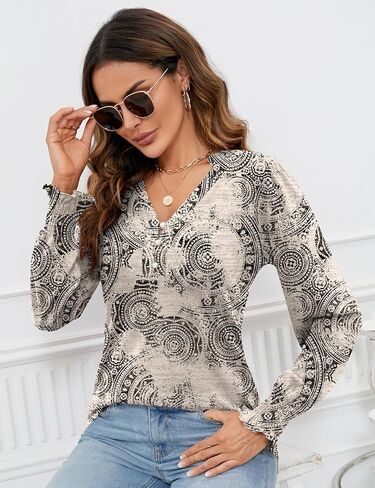 بلوزات نسائية من Rapbin برقبة على شكل V وأكمام طويلة وأزرار سفلية، بلوزات خريف 2023 بأصفاد مكشكشة، تي شيرت غير رسمي أنيق in Kuwait