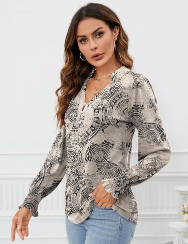 بلوزات نسائية من Rapbin برقبة على شكل V وأكمام طويلة وأزرار سفلية، بلوزات خريف 2023 بأصفاد مكشكشة، تي شيرت غير رسمي أنيق in Kuwait