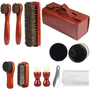 Picowe 13 PCS مجموعة تألق أحذية ، مجموعة رعاية حذاء جلدية مع مقبض خشبي حقيقي وفرشاة هورسهير ، طلاء أسود ومحايد ، مجموعة تنظيف أحذية السفر المحمولة in Kuwait