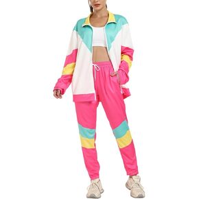 Wyeysyt 80s 90s Outfits for Women 2 Piece Color Block Retro Long Sleeve Jacket and Sweatpants Tracksuit Set in Saudi Arabia