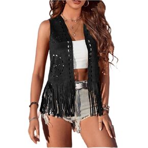 Women's Fringe Vests Vintage Cowgirl 70s Hippie Sleeveless Tassel Faux Suede Waistcoat Hollow Out Western Jacket in Saudi Arabia