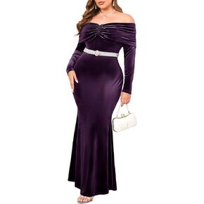 ZOMVA Plus Size Off Shoulder Velvet Dress Long Sleeve Mermaid Bodycon Maxi Evening Gown for Cocktail Party Wedding Guest in Kuwait