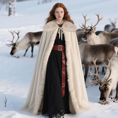 Joukavor Renaissance Velvet Cape مع طوق فراء الفايكنج للنساء هالوين زي in Kuwait