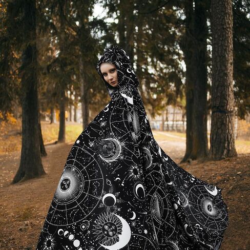 Libima Halloween Adult Wizard Costume Black Celestial Cape Stars Witch Hooded Robe Cloak Hoodie for Halloween Cosplay, Unisex in Saudi Arabia
