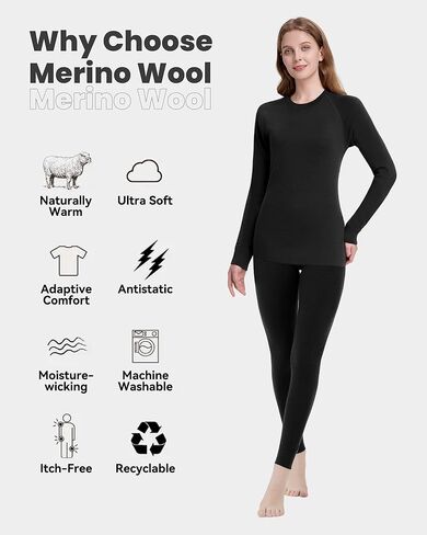Women's 100% Merino Wool Base Layer Sets Lightweight Active Base Layer for Ski in Kuwait