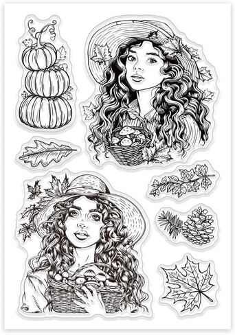 GLOBLELAND Autumn Thanksgiving Lady Clear Stamps Pumpkin Maple Leaf Silicone Clear Stamp Seals Pumpkin Corners Mushroom Transparent Stamps for DIY Scrapbooking Cards Making Photo Album Journal in Saudi Arabia