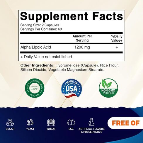 Vitamatic Alpha Lipoic Acid 1200mg Per Serving, 120 Capsules - Gluten Free, Vegetarian Capsules, Soy Free & Non-GMO in Saudi Arabia