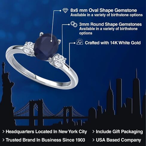 GEM Stone King 14K الذهب الأبيض الياقوت الأزرق والخاتم الأبيض Moissanite للنساء | 2.00 CTTW | بيضاوي 8x6mm | الأحجار الكريمة سبتمبر المولد | متوفر بحجم 5،6،7،8،9 in Saudi Arabia