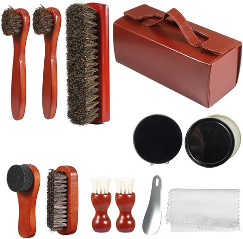 Picowe 13 PCS مجموعة تألق أحذية ، مجموعة رعاية حذاء جلدية مع مقبض خشبي حقيقي وفرشاة هورسهير ، طلاء أسود ومحايد ، مجموعة تنظيف أحذية السفر المحمولة in Kuwait