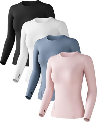 Women's Compression Shirt Long Sleeve Athletic Workout Tops Sun Protection Undershirt for Gym Yoga Running in Kuwait