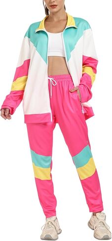 Wyeysyt 80s 90s Outfits for Women 2 Piece Color Block Retro Long Sleeve Jacket and Sweatpants Tracksuit Set in Saudi Arabia