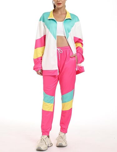Wyeysyt 80s 90s Outfits for Women 2 Piece Color Block Retro Long Sleeve Jacket and Sweatpants Tracksuit Set in Saudi Arabia