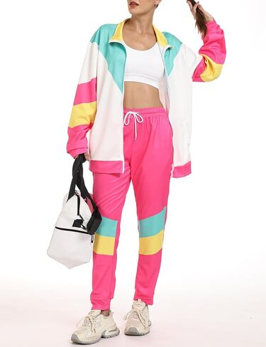 Wyeysyt 80s 90s Outfits for Women 2 Piece Color Block Retro Long Sleeve Jacket and Sweatpants Tracksuit Set in Saudi Arabia