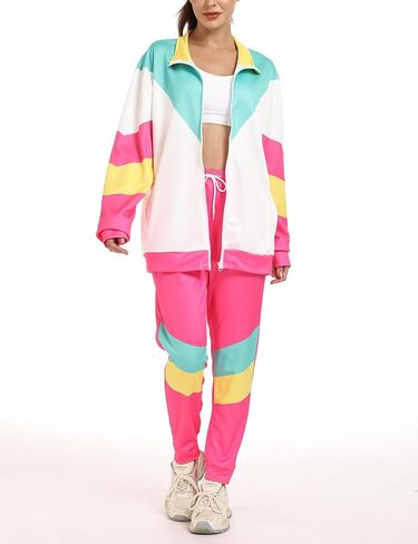 Wyeysyt 80s 90s Outfits for Women 2 Piece Color Block Retro Long Sleeve Jacket and Sweatpants Tracksuit Set in Saudi Arabia