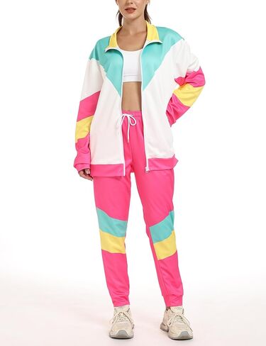 Wyeysyt 80s 90s Outfits for Women 2 Piece Color Block Retro Long Sleeve Jacket and Sweatpants Tracksuit Set in Saudi Arabia
