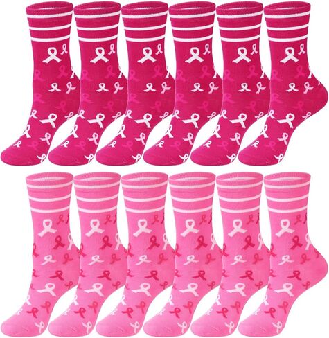 12 Pairs Breast Cancer Awareness Crew Socks Pink Ribbon Cancer Care Inspirational Gifts for Women Chemo Survivor in Saudi Arabia